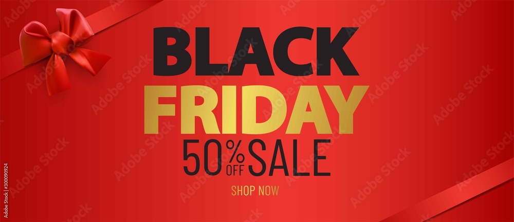 Black friday sale layout background with red satin ribbon and bow. Black Friday banner. Vector promotion shopping illustration