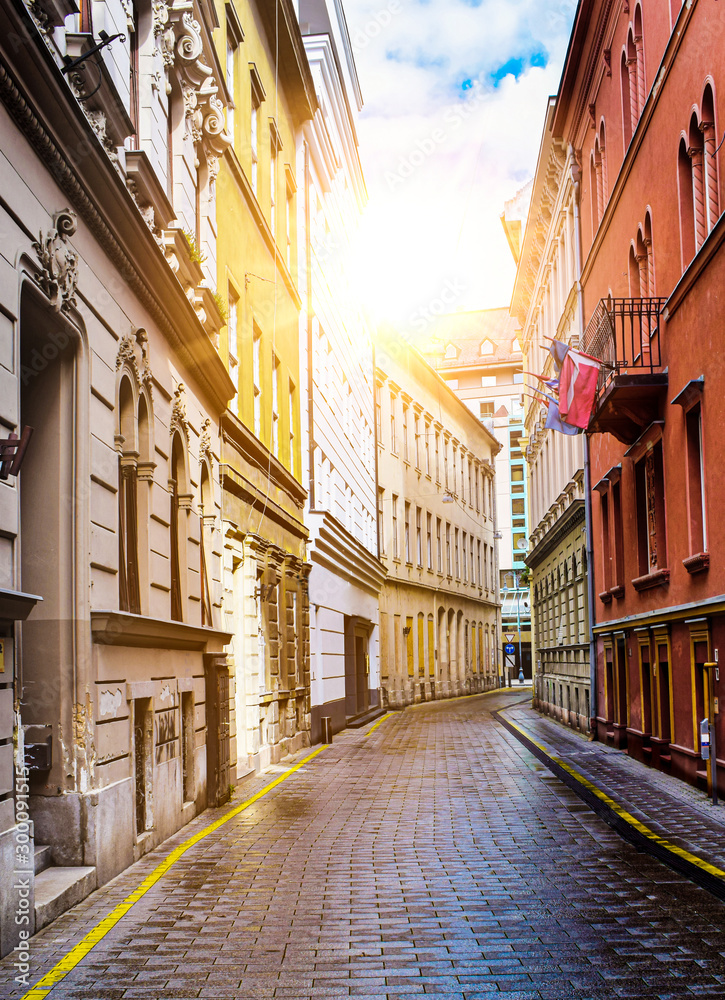 Tight street with classic paving stones and architecture in Budapest, Hungary on sunset after a short spring rainy day. Sunny background travel concept image for flyer, brochure, website, banner etc. 
