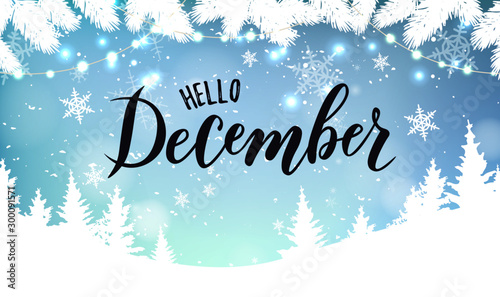 December word. Hand lettering typography with snowflakes. Vector illustration as poster, postcard, greeting card, invitation template. Concept February advertising