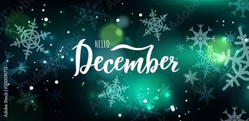 December word. Hand lettering typography with snowflakes. Vector illustration as poster, postcard, greeting card, invitation template. Concept February advertising