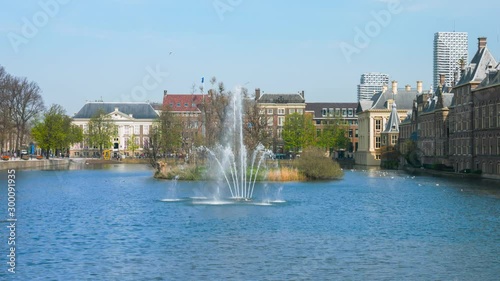 View of the Binnenhof with fountain in pond, The Hague at april, Holland. photo