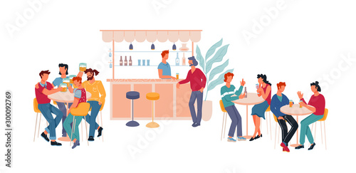 Restaurant or bar interior with cartoon people characters sitting at tables and drinking beer. Pub with visitors talking and toasting with alcoholic beverages. Flat vector illustration isolated.