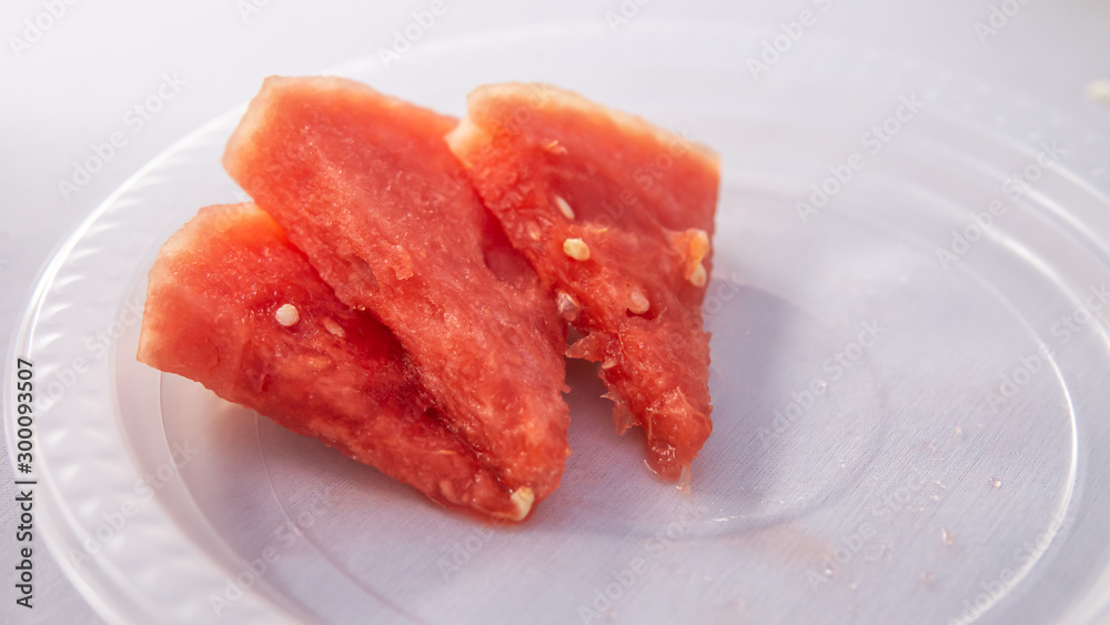 The close up view of the watermelon slices on a plastic plate with white backgrounds The close up view of the watermelon slices on a plastic plate with white backgrounds