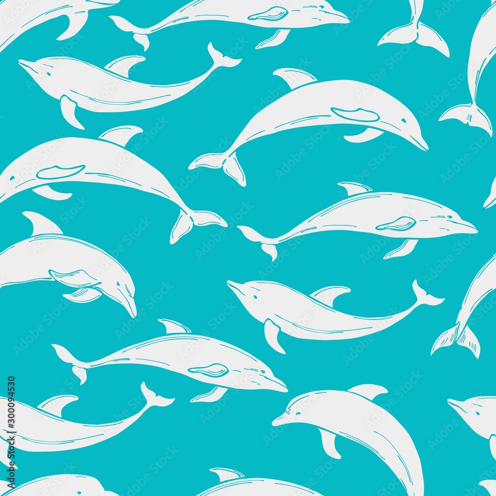 Vector seamless pattern with hand-drawn dolphins. Vector seamless pattern with hand-drawn dolphins.