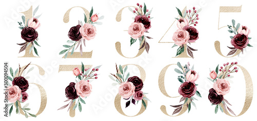 Gold numbers set with watercolor flowers roses and leaf. Perfectly for wedding invitation, greeting card, logo, poster and other floral design. Hand painting. Isolated on white background. 