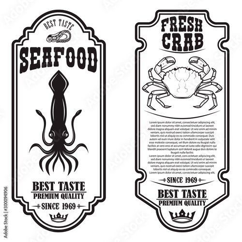 Set of seafood flyers with squid and crab illustrations. Design element for poster, banner, sign, emblem. Vector illustration