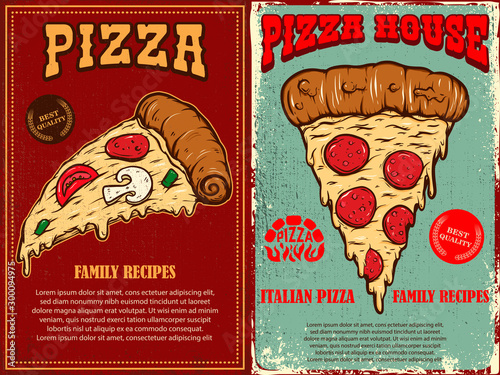 Set of  poster template with pizza. Design element for poster, banner, sign, emblem. Vector illustration