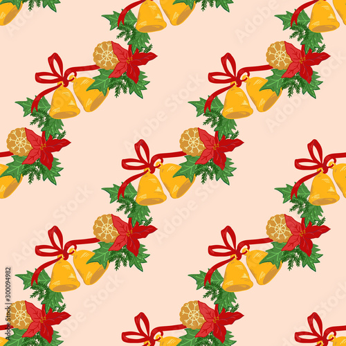 Christmas holiday diagonal stripes seamless pattern with cookies and Xmas bells, Poinsettia flower and green leaves, cartoon vector illustration. New Year winter endless texture for cards and package.