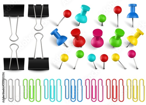 Colorful pushpins and paperclips binders. Color paper clip, red pushpin and office papers clamp. Realistic pins vector set. Multicolored stationery items. Collection of bright paper accessories