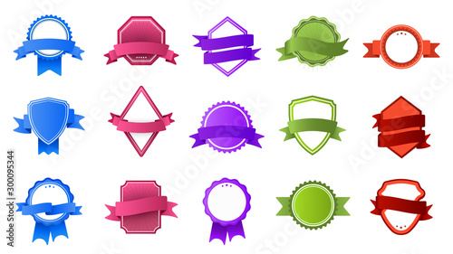 Retro badges with ribbon banners. Vintage color label, stamp frame and modern badge flat vector set. Collection of multicolored stamps and logos on white background. Logotypes with curved banderole