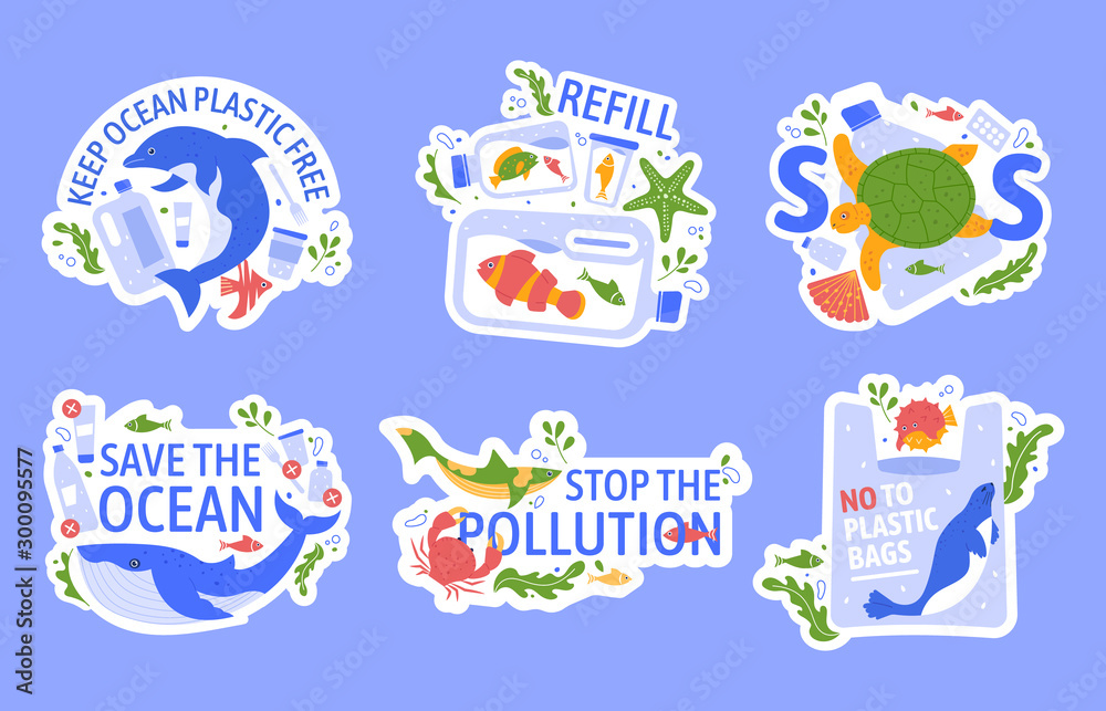 Ocean pollution with plastic. Protecting marine wildlife, eco problem creative concept. Turtle, dolphin and blue whale stuck in plastic ecological vector illustration set. Water garbage, fauna threat