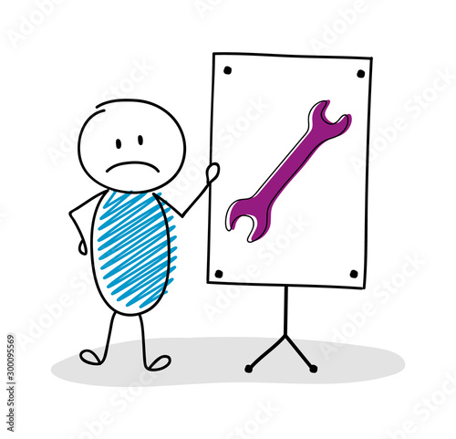 Business cartoon person with whiteboard and wrech - work icon. Vector photo