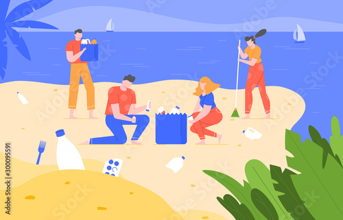 Beach cleaning. Cleansing polluted planet  ecology volunteering activity  people pick up trash on beach and removing garbage vector illustration. Environmental protection  ecological harm