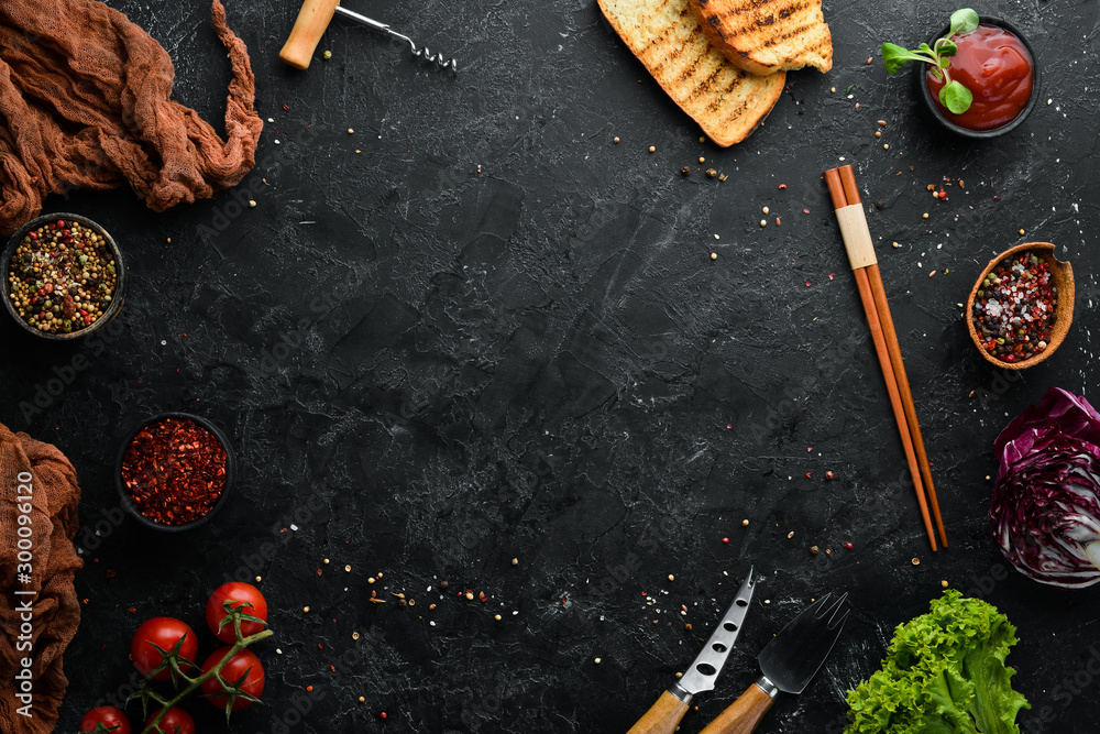 Cooking banner. Kitchen black table and ingredients. Food. Top view. Free  space for your text. Stock Photo | Adobe Stock