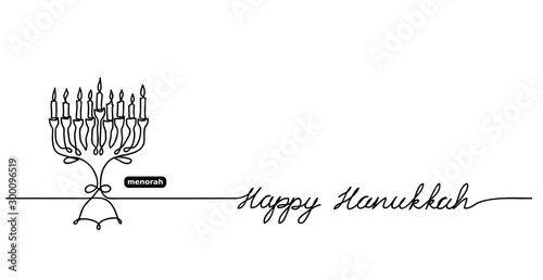 Happy Hanukkah menorah vector background with lettering Happy Hanukkah and copy space. One continuous line drawing.