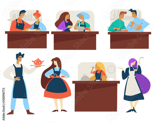Cooking classes work in pairs men and women in aprons