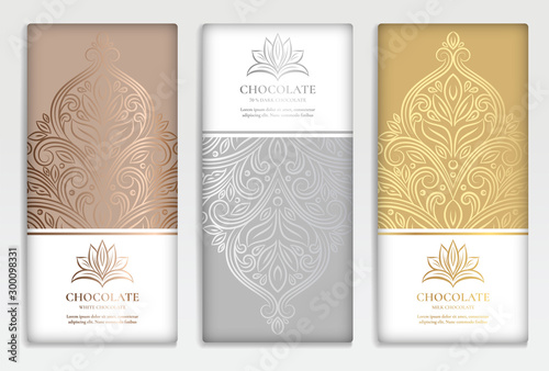 Silver and gold vintage set of chocolate bar packaging design. Vector luxury template with ornament elements. Can be used for background and wallpaper. Great for food and drink package types.