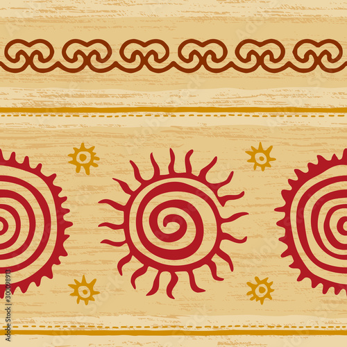 Seamless pattern. Ethnic background, sun symbols, vector design.