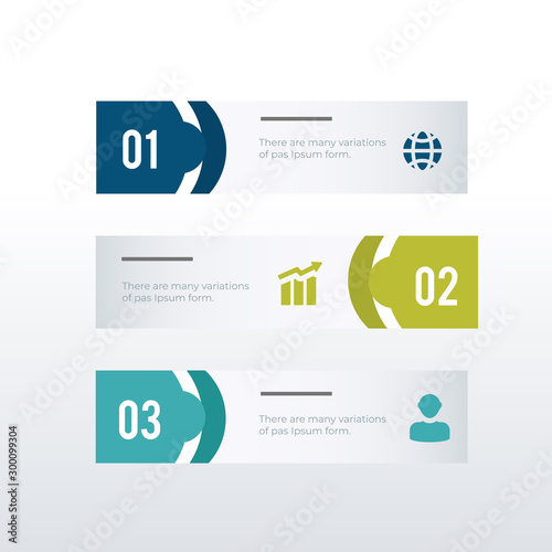 Three horizontal infographic template design. Business concept infograph with 3 options, steps or processes. Vector visualization can be used for workflow layout, diagram, annual report, web