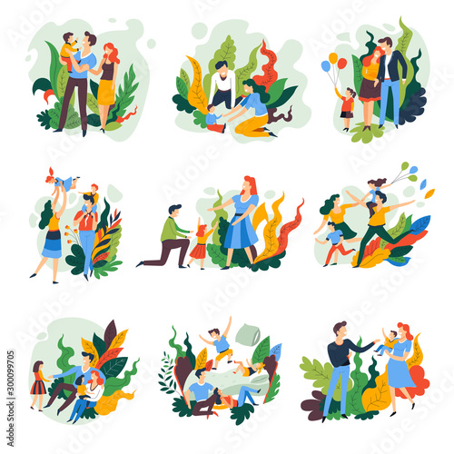 Family pastime parents and children isolated abstract icons