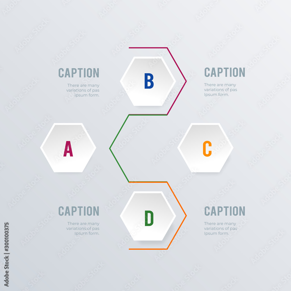 Hexagon informational infographic template design. Business concept infograph with 4 options, steps or processes. Vector visualization can be used for workflow layout, diagram, annual report, web Hexagon informational infographic template design. Business concept infograph with 4 options, steps or processes. Vector visualization can be used for workflow layout, diagram, annual report, web