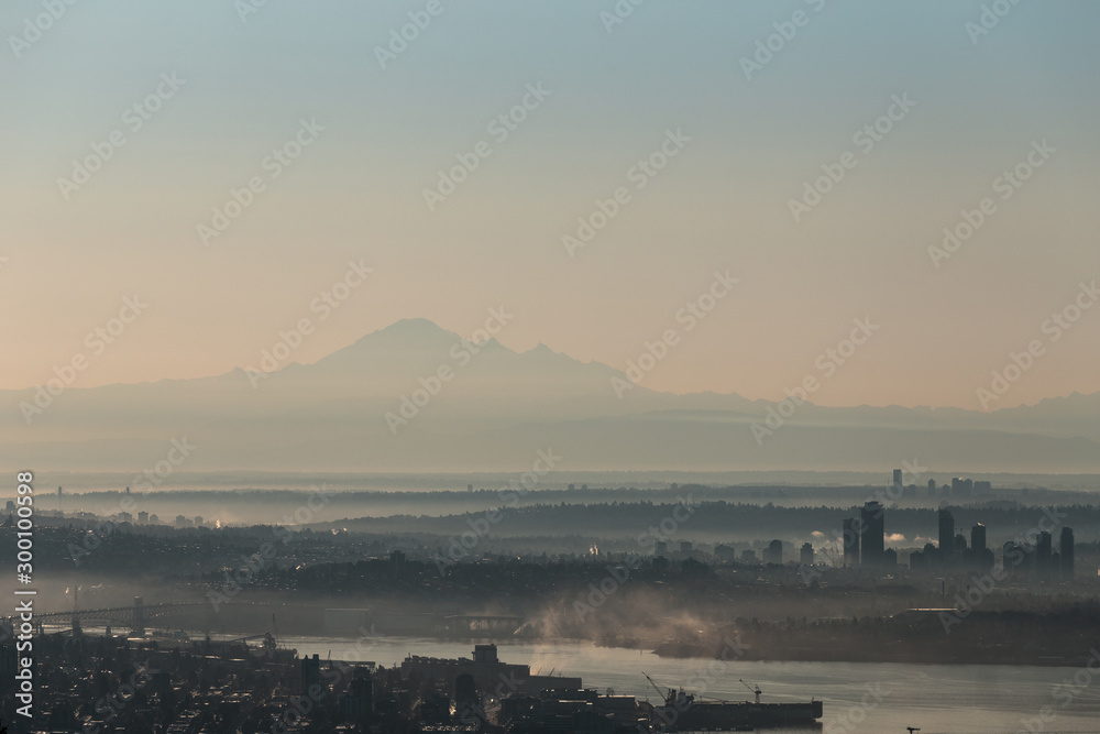 A view of the Fraser Valley and Mt Baker at sunrise as seen from Cypress Mountain.