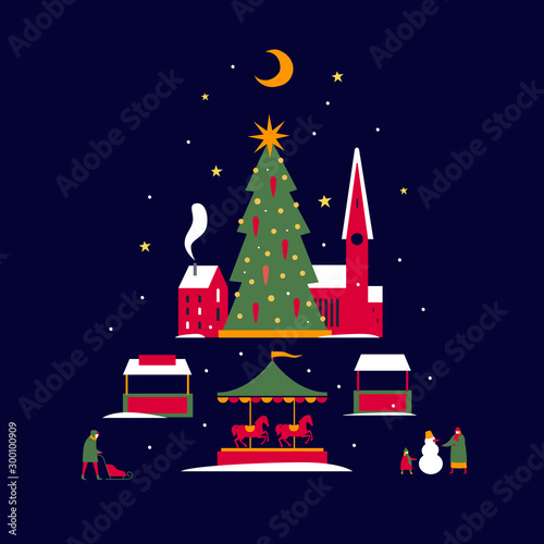 Winter fair with a Christmas tree and a carousel. New Year celebration. It can be used for decoration and design of holiday cards, banners, packaging. Vector seasonal flat illustration.
