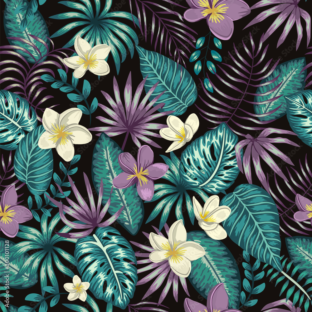Vector seamless pattern of emerald green tropical leaves with white and purple plumeria flowers on black background. Summer or spring repeat tropical backdrop. Exotic jungle ornament..
