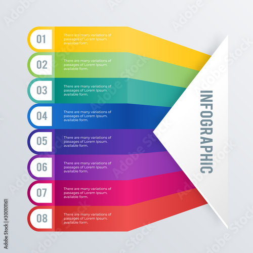 Colorful list infographics template design. Business concept infograph with 8 options, steps, or processes. Vector visualization can be used for workflow layout, diagram, annual report, web