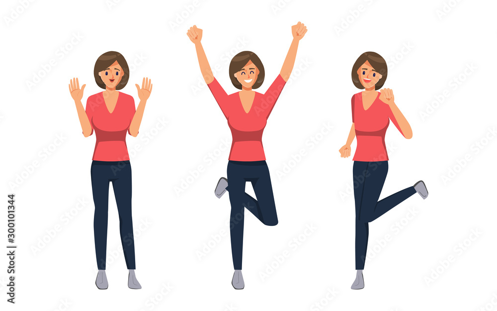 Fototapeta premium Character woman pose set. Happy people to successful emotion face.