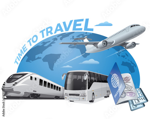 concept illustration of travel around the world by airplane, bus and train