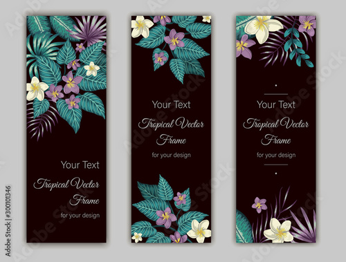 Vector bookmarks with green tropical leaves, plumeria and hibiscus flowers on black background. Summer or spring tropical vertical templates. Trendy exotic jungle design..