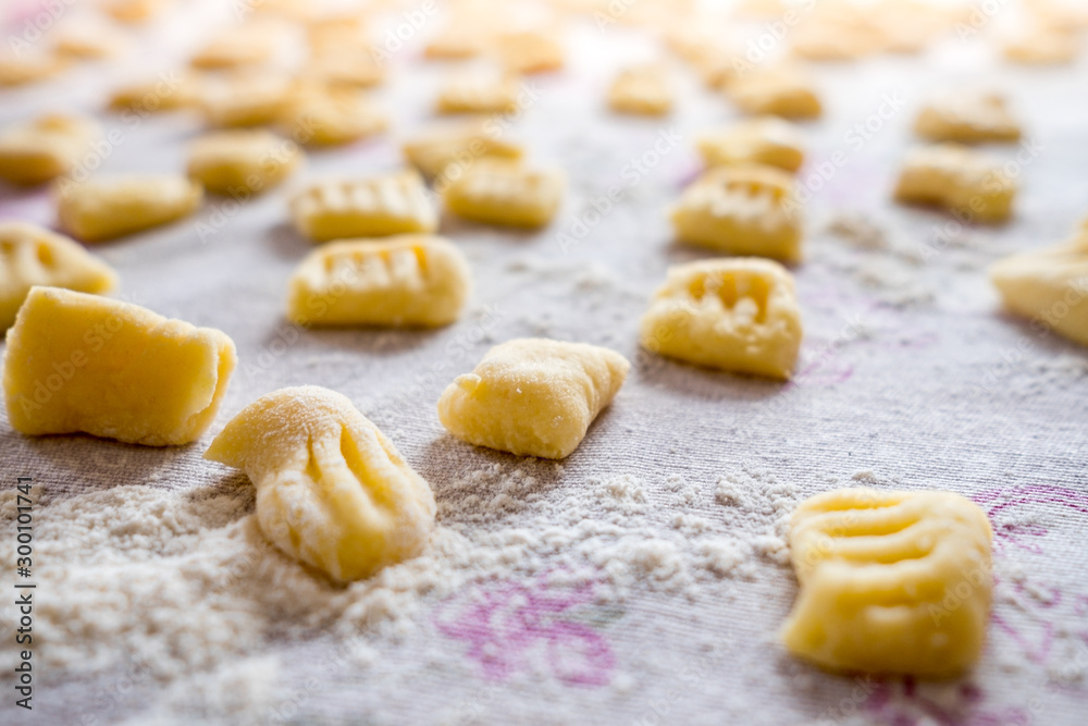 display of fresh traditional homemade italian gnocchi pasta on table cloth with flour with soft natural light display of fresh traditional homemade italian gnocchi pasta on table cloth with flour with soft natural light