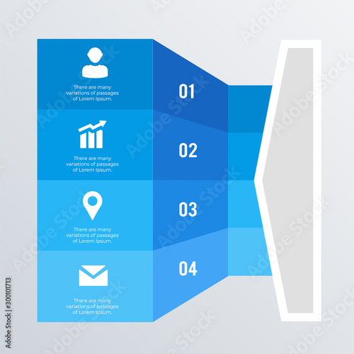 3D blue infographic template design with icons. Business concept infograph 4 options, steps or processes. Vector visualization can be used for workflow layout, diagram, annual report, web