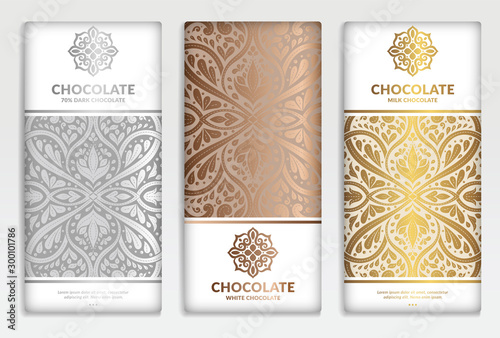 Silver and gold vintage set of chocolate bar packaging design. Vector luxury template with ornament elements. Can be used for background and wallpaper. Great for food and drink package types.