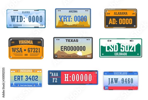 Number plates car license American states isolated icons