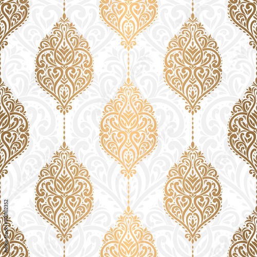 Gold and white damask seamless pattern. Vintage, paisley elements. Traditional, Ethnic, Turkish, Indian motifs. Great for fabric and textile, wallpaper, packaging or any desired idea.