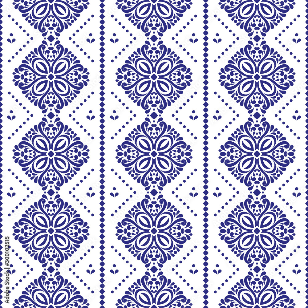 Blue and white floral seamless pattern with ornamental stripes. Traditional oriental motifs. Vintage ornament template. Decorative paisley elements. Great for fabric and textile. Blue and white floral seamless pattern with ornamental stripes. Traditional oriental motifs. Vintage ornament template. Decorative paisley elements. Great for fabric and textile.