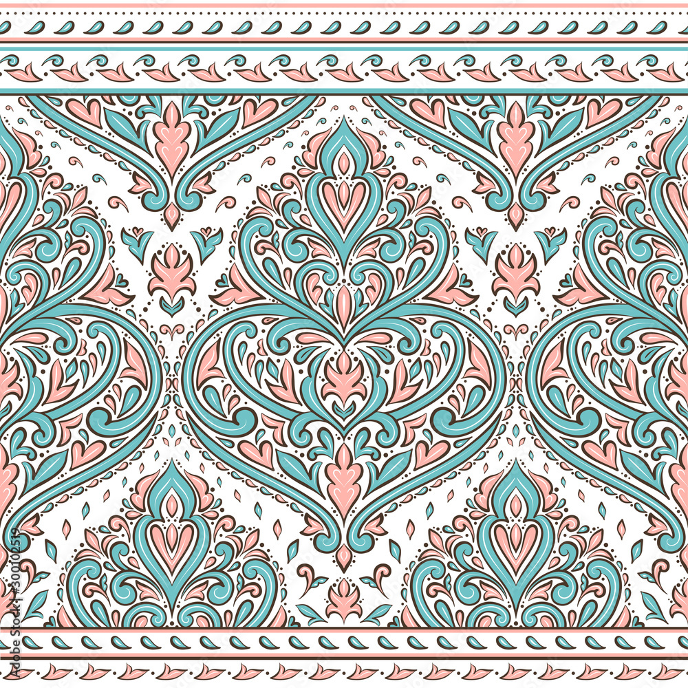 Turquoise and pink floral seamless pattern with ornamental stripes. Traditional oriental motifs. Vintage ornament template. Decorative paisley elements. Great for fabric and textile.