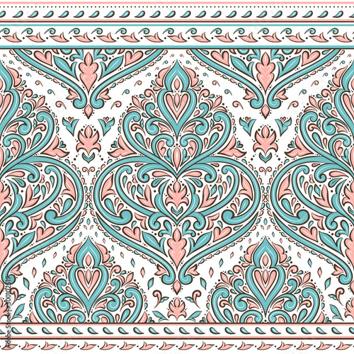 Turquoise and pink floral seamless pattern with ornamental stripes. Traditional oriental motifs. Vintage ornament template. Decorative paisley elements. Great for fabric and textile.