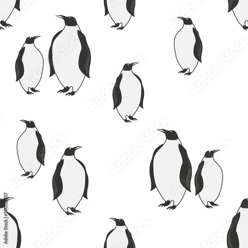 Black and white background with penguins. Decorative cute backdrop vector. Sea birds, seamless pattern