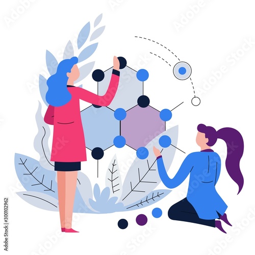 Women chemists or biologists scientists and molecule isolated icon