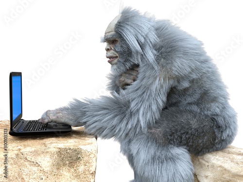 Yeti with laptop concept 3d illustration isolated on white background