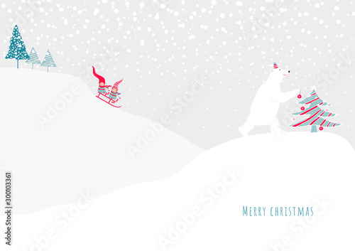 Stock vector illustration with winter landscape cute Christmas elves ride downhill on a sled. Polar bear decorates a Christmas tree. Template for merry christmas and new year cards, greetings, banners