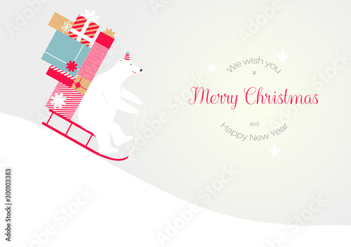 Stock vector illustration with winter landscape. Polar bear rides downhill on a sled with Christmas gifts. Template for merry christmas and new year cards, greetings, banners or posters.