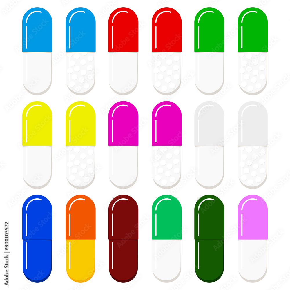 Colorful gelatin medical capsules templates set isolated on white background.