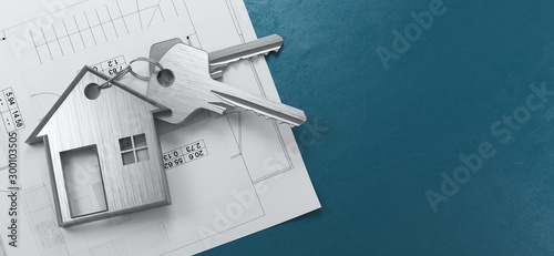 Mortgage, investment, real estate and property concept - close up of house keys. 3d rendering photo