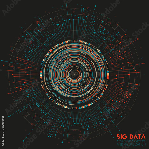 Vector abstract colorful round big data information visualization. Social network, financial analysis of complex databases. Visual information complexity clarification. Intricate data graphic photo