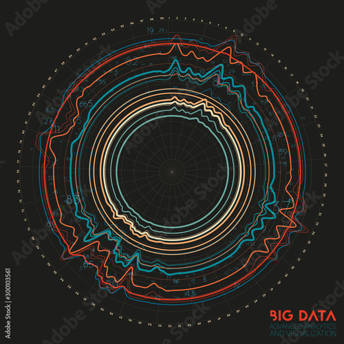 Vector abstract colorful round big data information visualization. Social network, financial analysis of complex databases. Visual information complexity clarification. Intricate data graphic