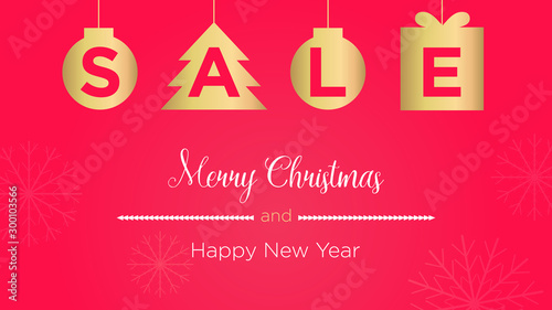 Stock vector illustration with Christmas sale banner. Scribble sale on golden balls, Christmas tree and box on a red background with snowflakes. Template for advertising banner, poster, website screen